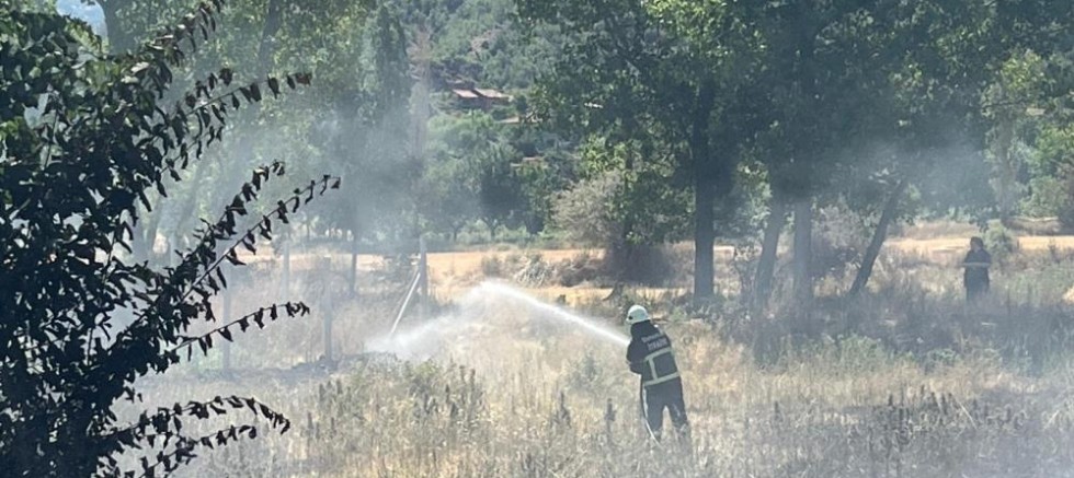Akaryakıt istasyonu yanında çıkan örtü yangını büyümeden söndürüldü