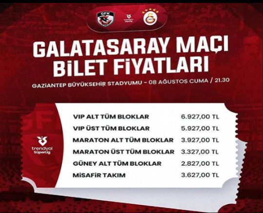 Gaziantep FK - Galatasaray Maçının Bilet Fiyatları Açıklandı!