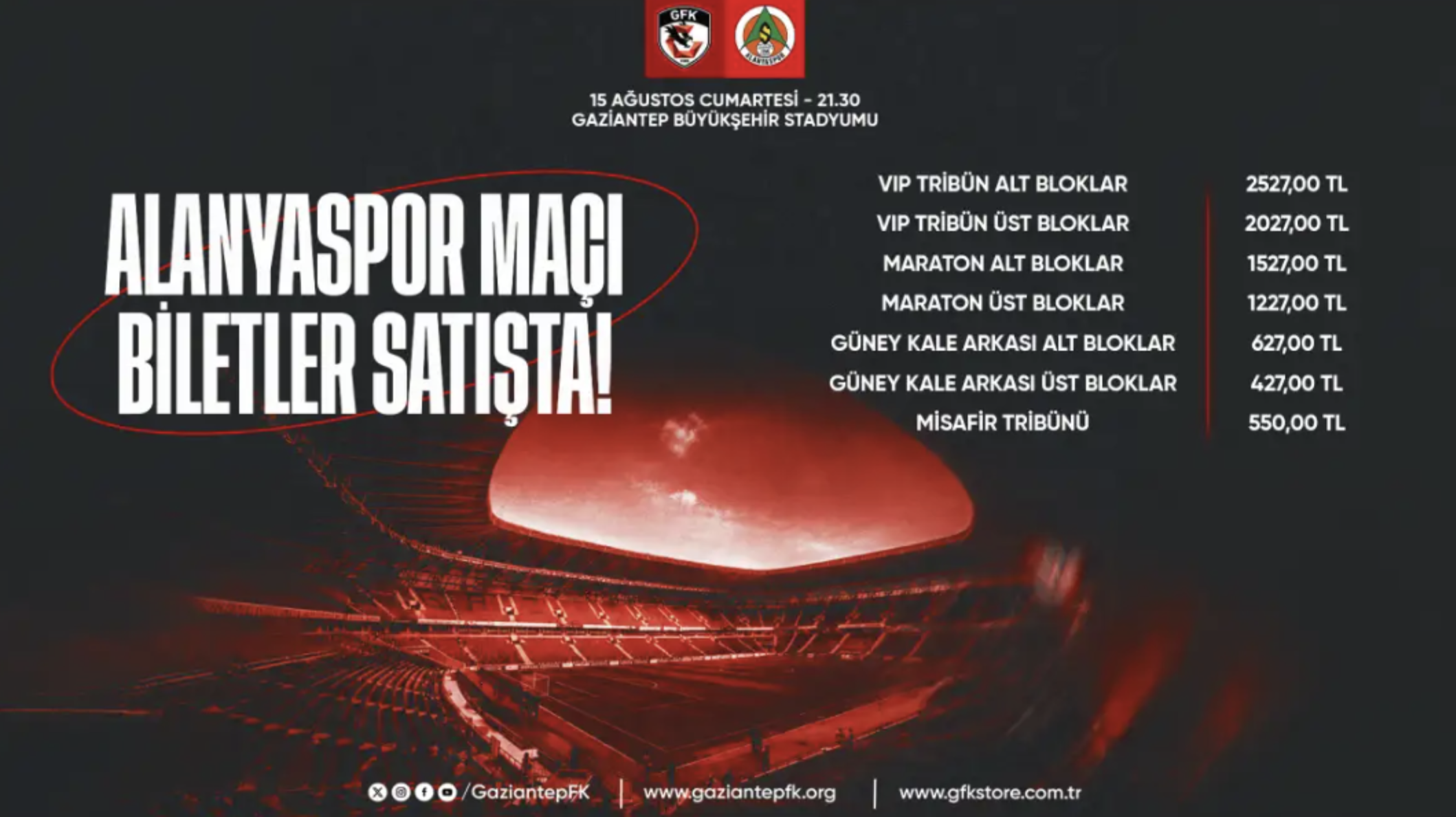 Gaziantep FK Alanyaspor bilet fiyatları açıklandı